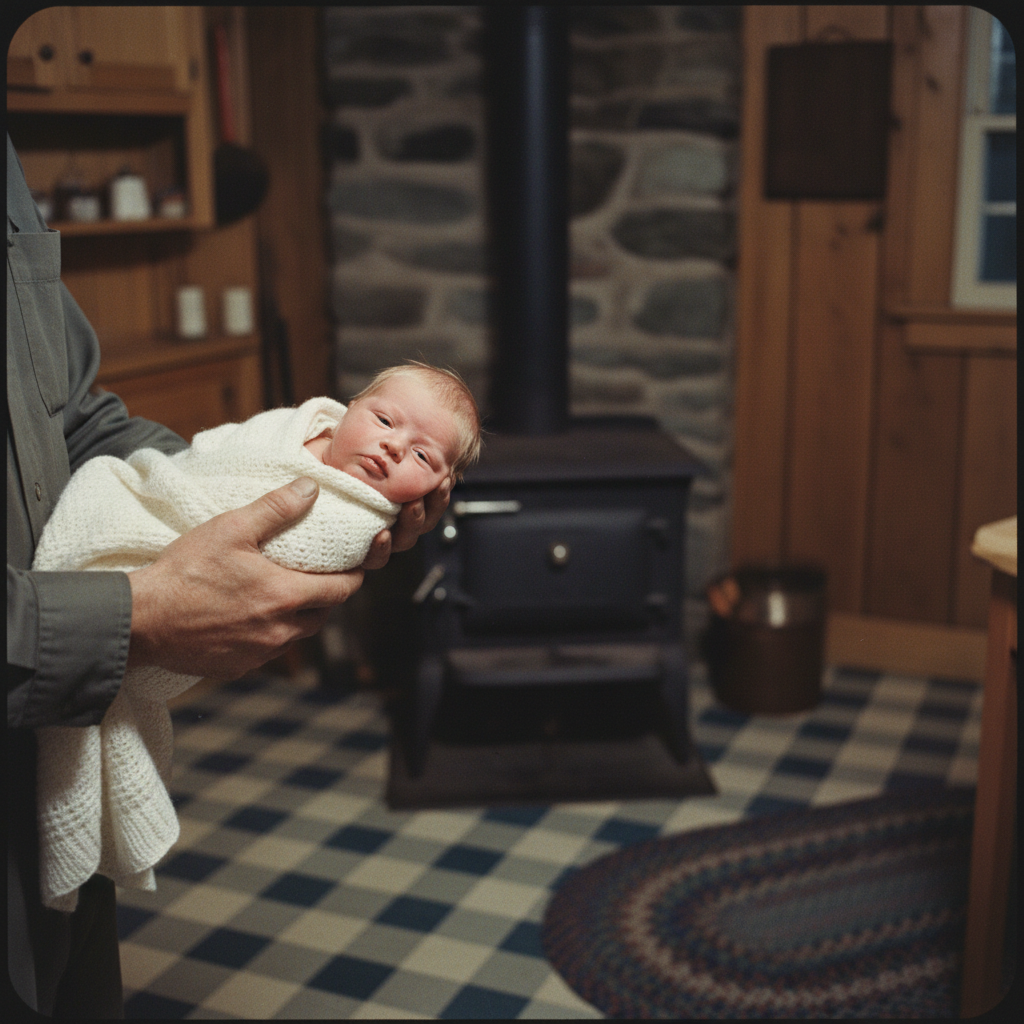 Baby Downs East in a farmhouse kitchen, Downeast Maine 1977 vintage photo