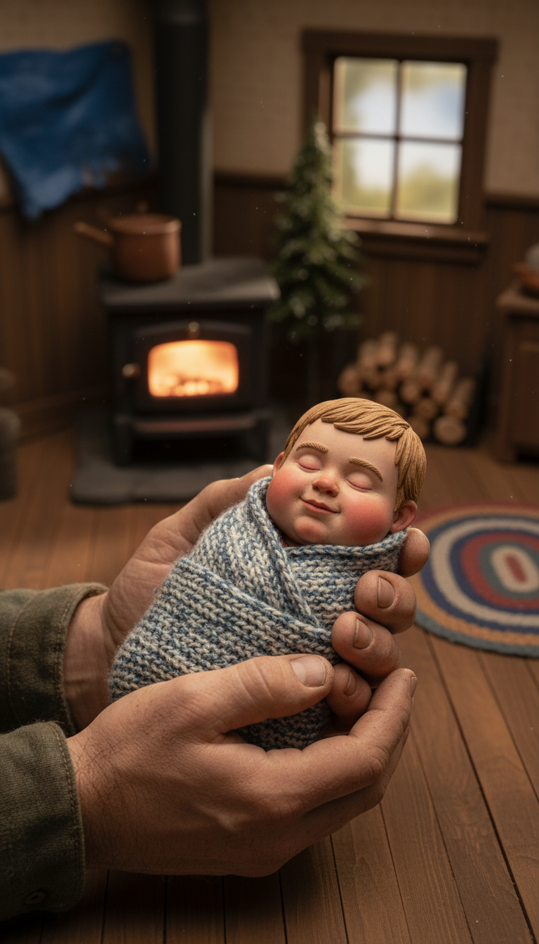 Clay version: Baby Downs East in the farmhouse kitchen, Downeast Maine 1977