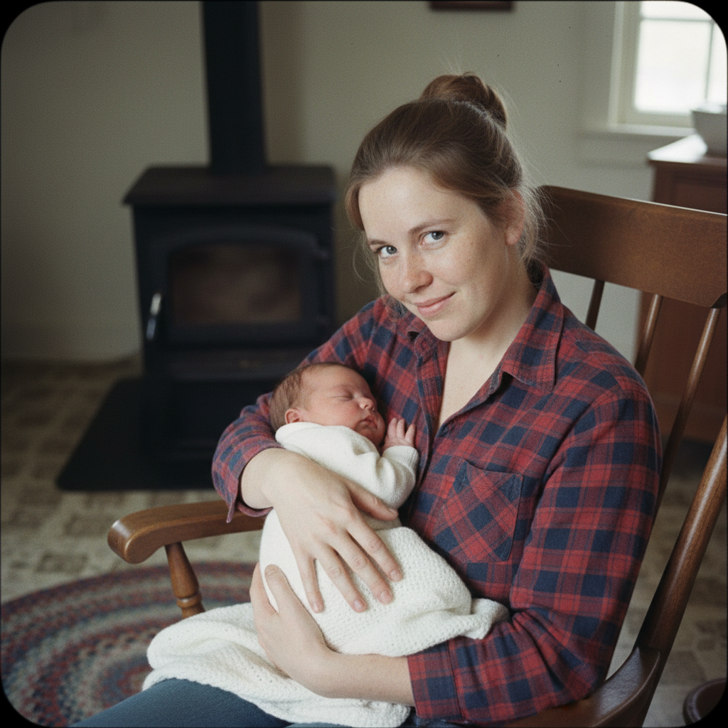 Ma holding baby Downs in a farmhouse kitchen, vintage 1970s photograph