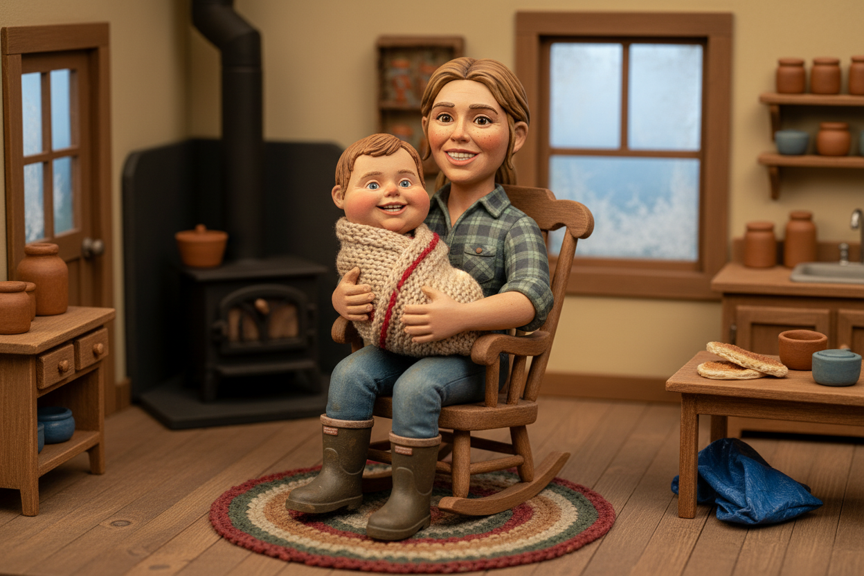 Clay version: Ma cradling baby Downs in the farmhouse kitchen, 1970s