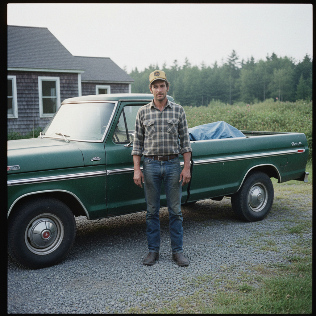 Pa leaning on a '78 Ford pickup, Downeast Maine summer