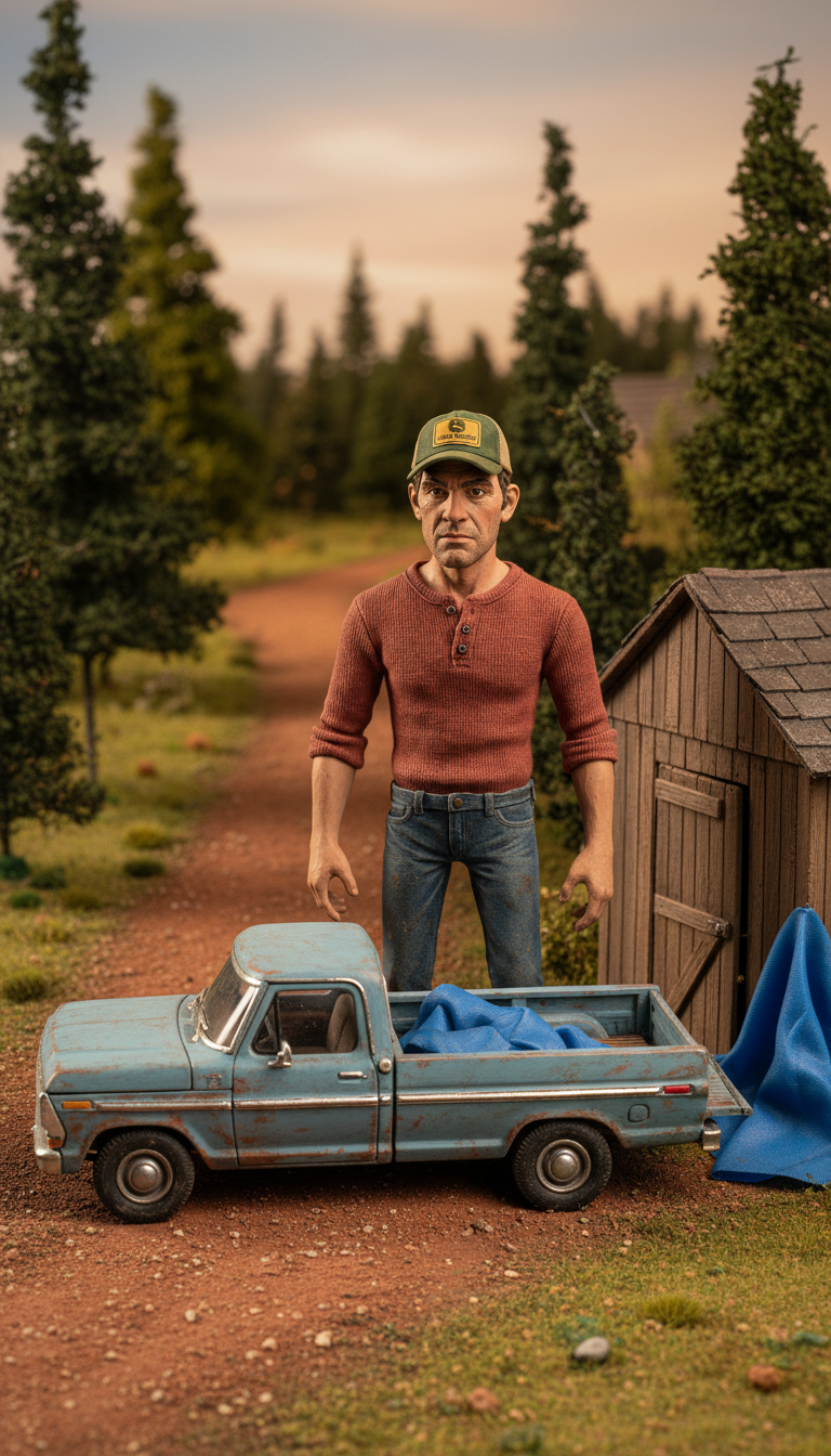 Clay version: Pa leaning on a '78 Ford pickup, Downeast Maine summer