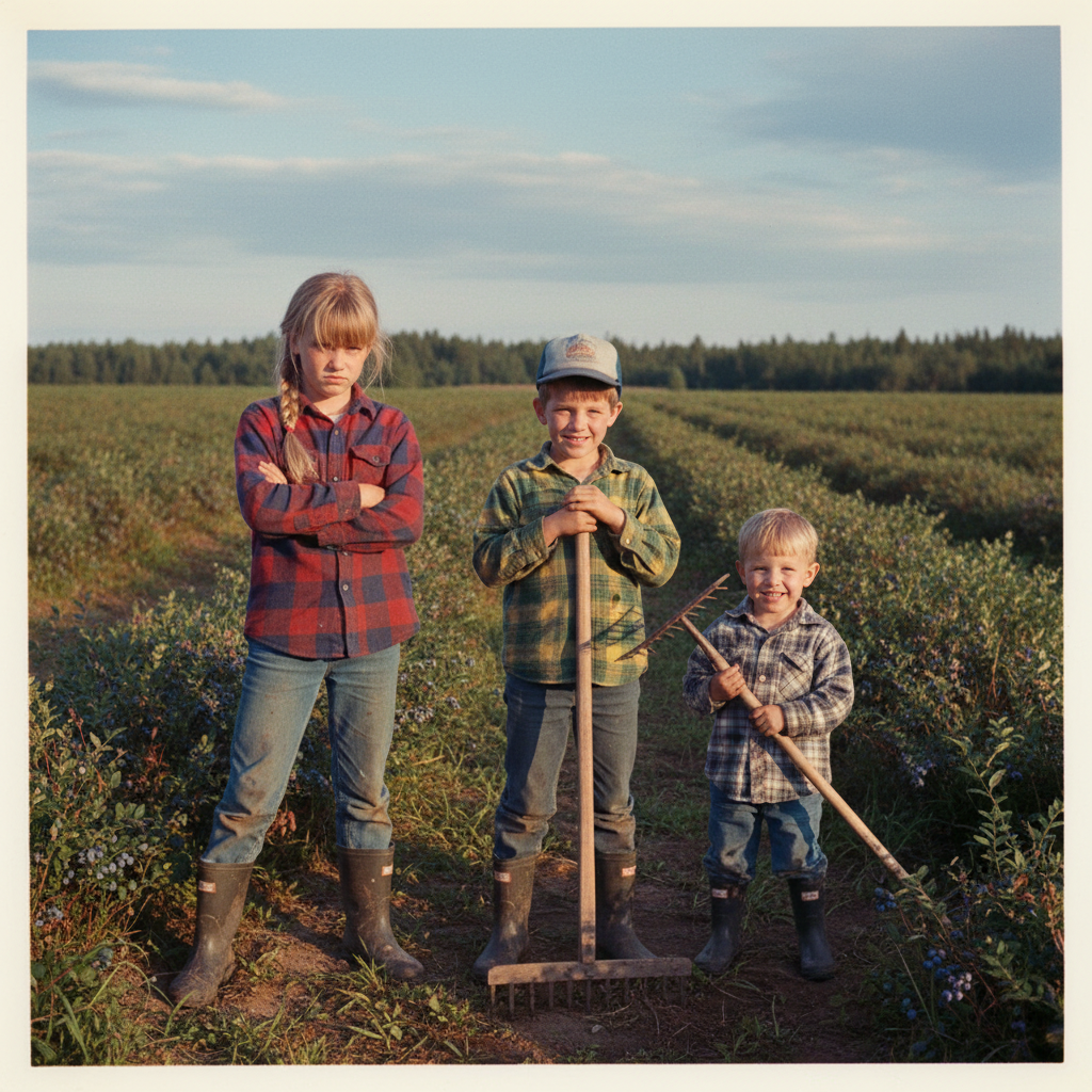 Three Downeast Maine kids at the edge of a blueberry field, vintage late 1980s photo