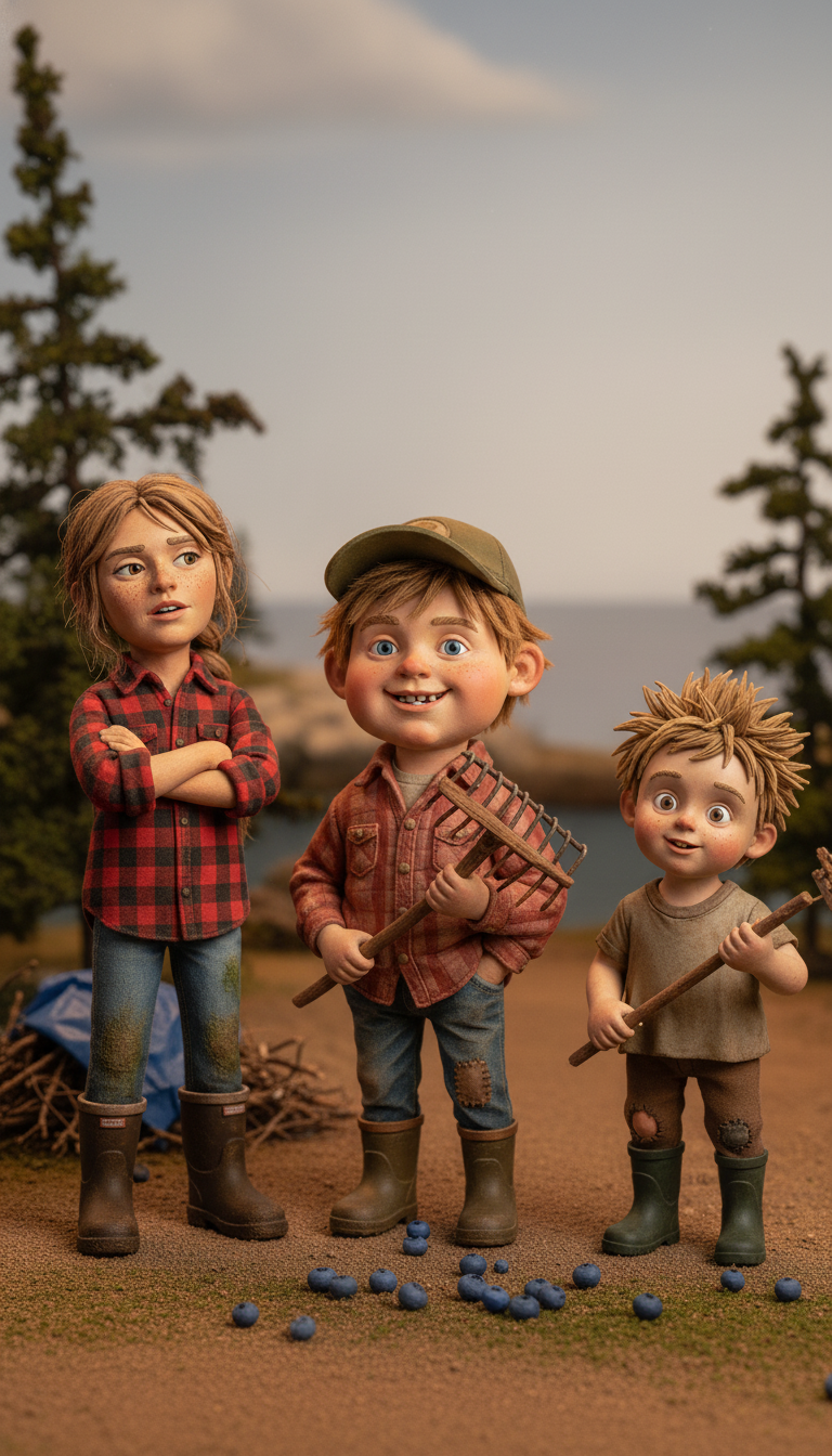 Clay version: Three Downeast Maine kids at the blueberry field edge, summer 1988