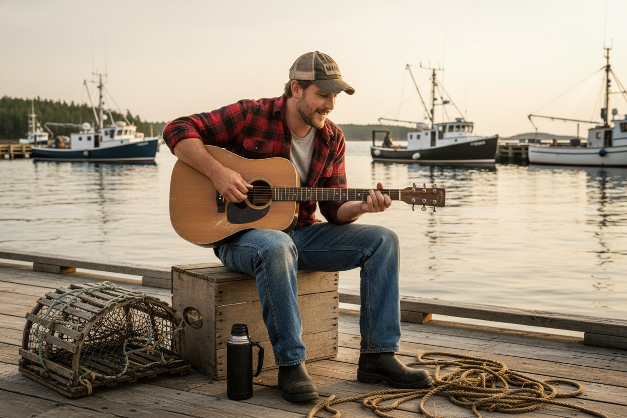 Adult Downs East playing guitar on the waterfront, Downeast Maine