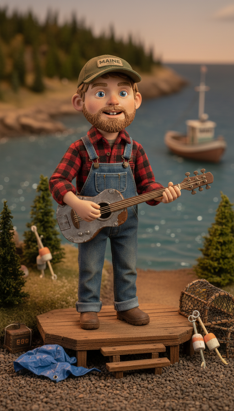 Downs East standing on a dock, wearing a Maine baseball cap and red flannel, holding an acoustic guitar