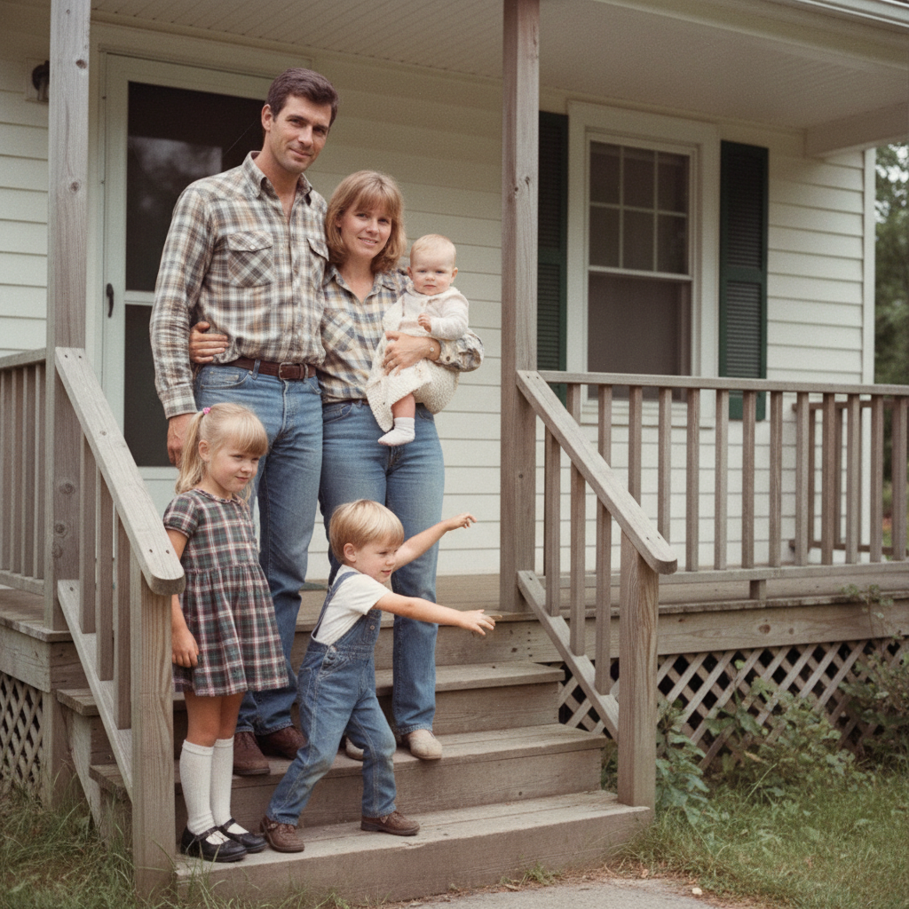 Young Downeast Maine family seated at a kitchen table, vintage 1977 photo