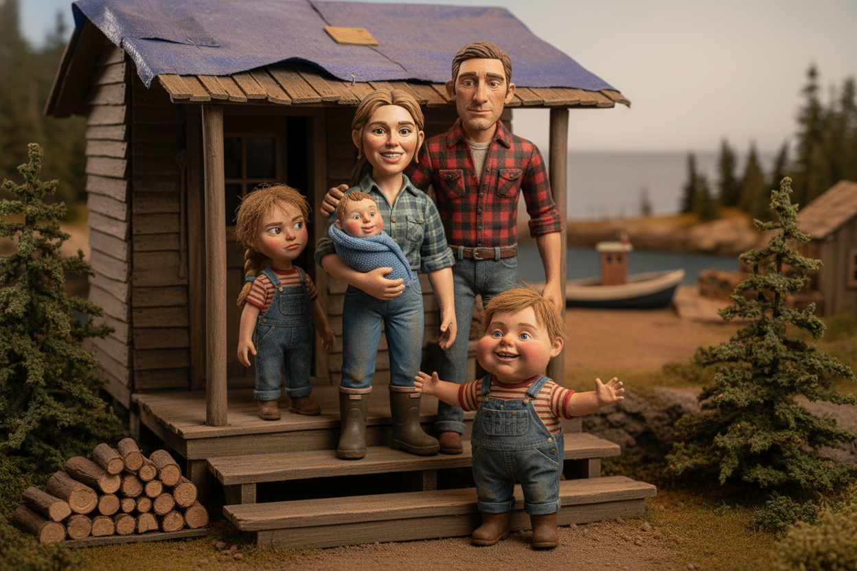 Clay version: Young Downeast Maine family at the kitchen table, farmhouse 1977