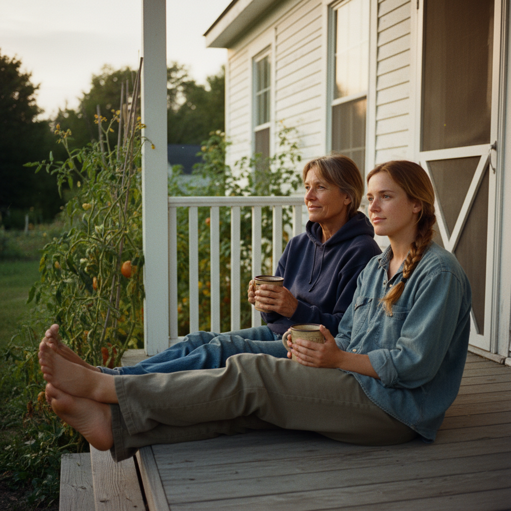 Ma and Sister on the wooden porch, Downeast Maine summer