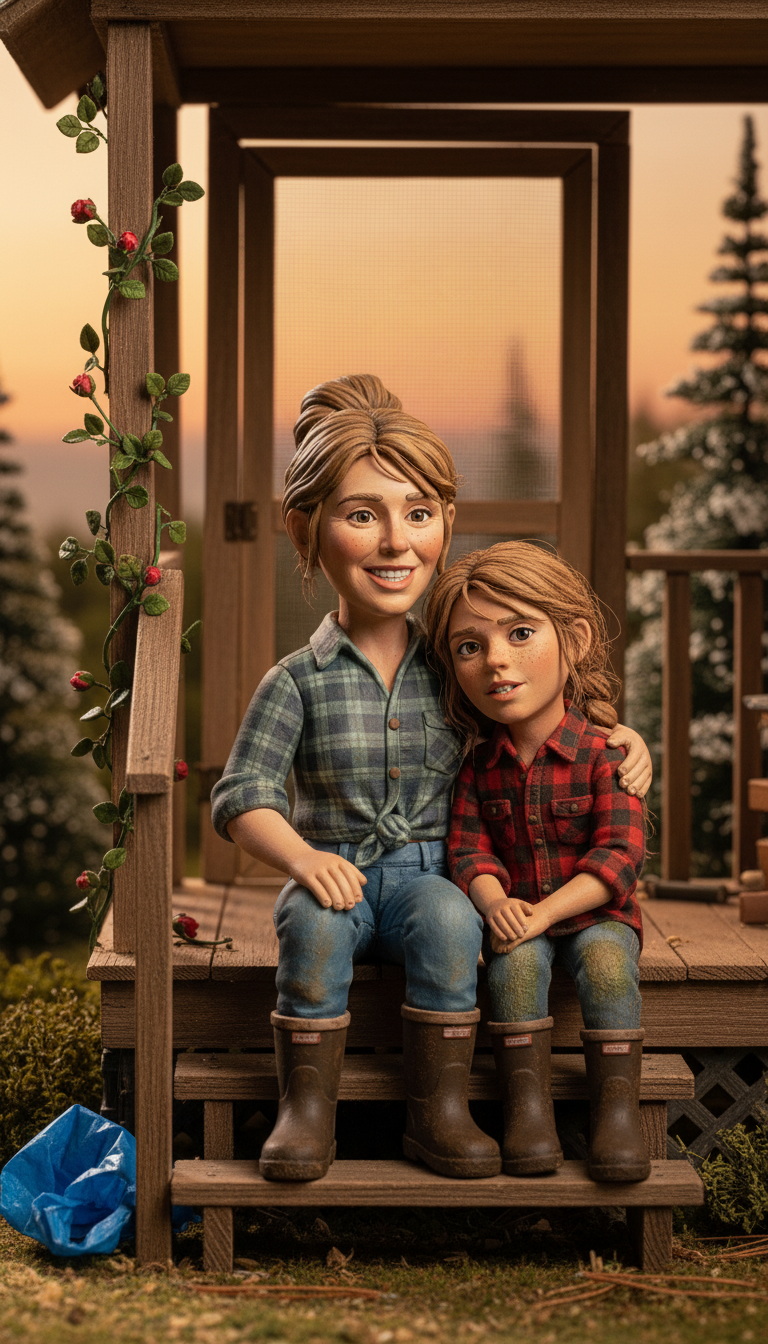 Clay version: Ma and Sister on the wooden porch, Downeast Maine summer