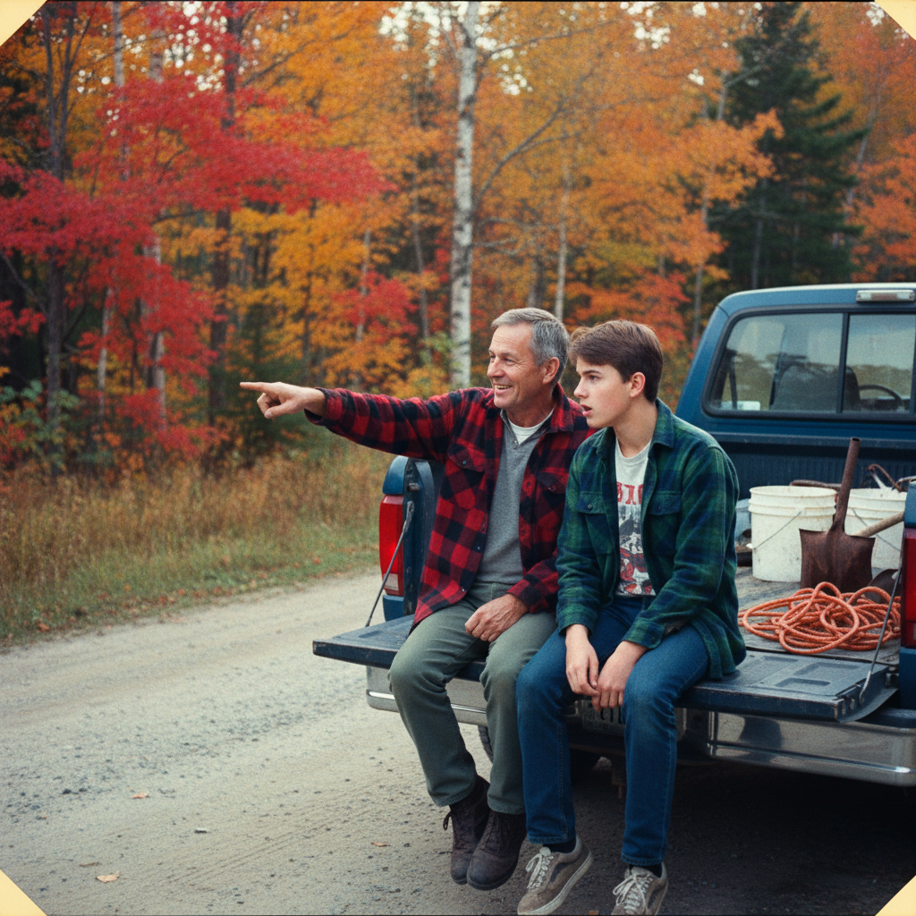 Pa and teen Downs sitting on the Ford pickup tailgate, fall 1992