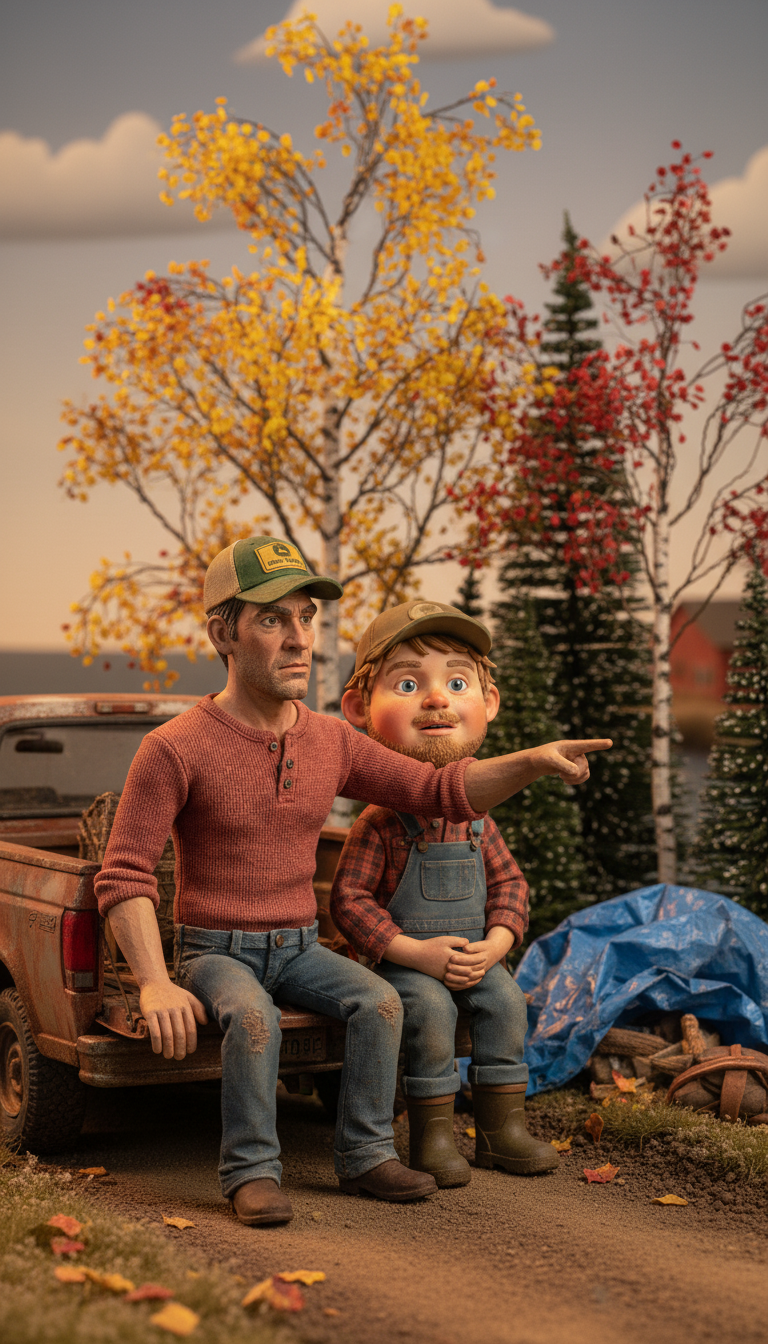 Clay version: Pa and teen Downs sitting on the Ford pickup tailgate, fall 1992