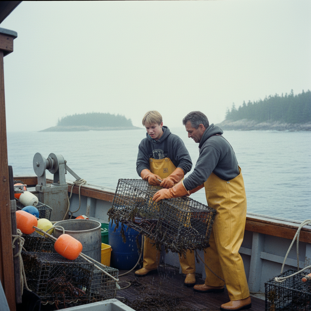 Pa and young Downs hauling lobster traps at dawn, 1993